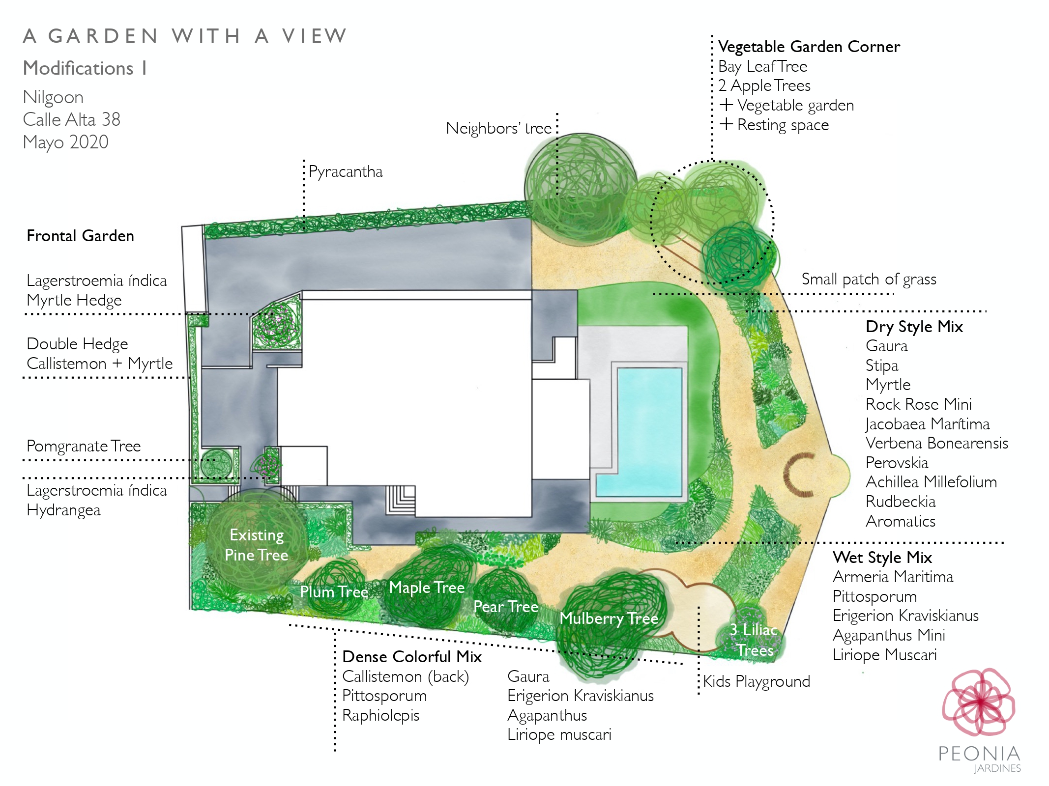Plano detallado del diseño de jardín con distribución de áreas